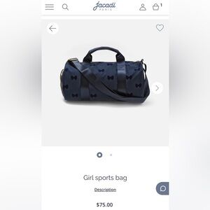 NWT Jacadi girls sports/duffel bag: navy with velvet bows motif